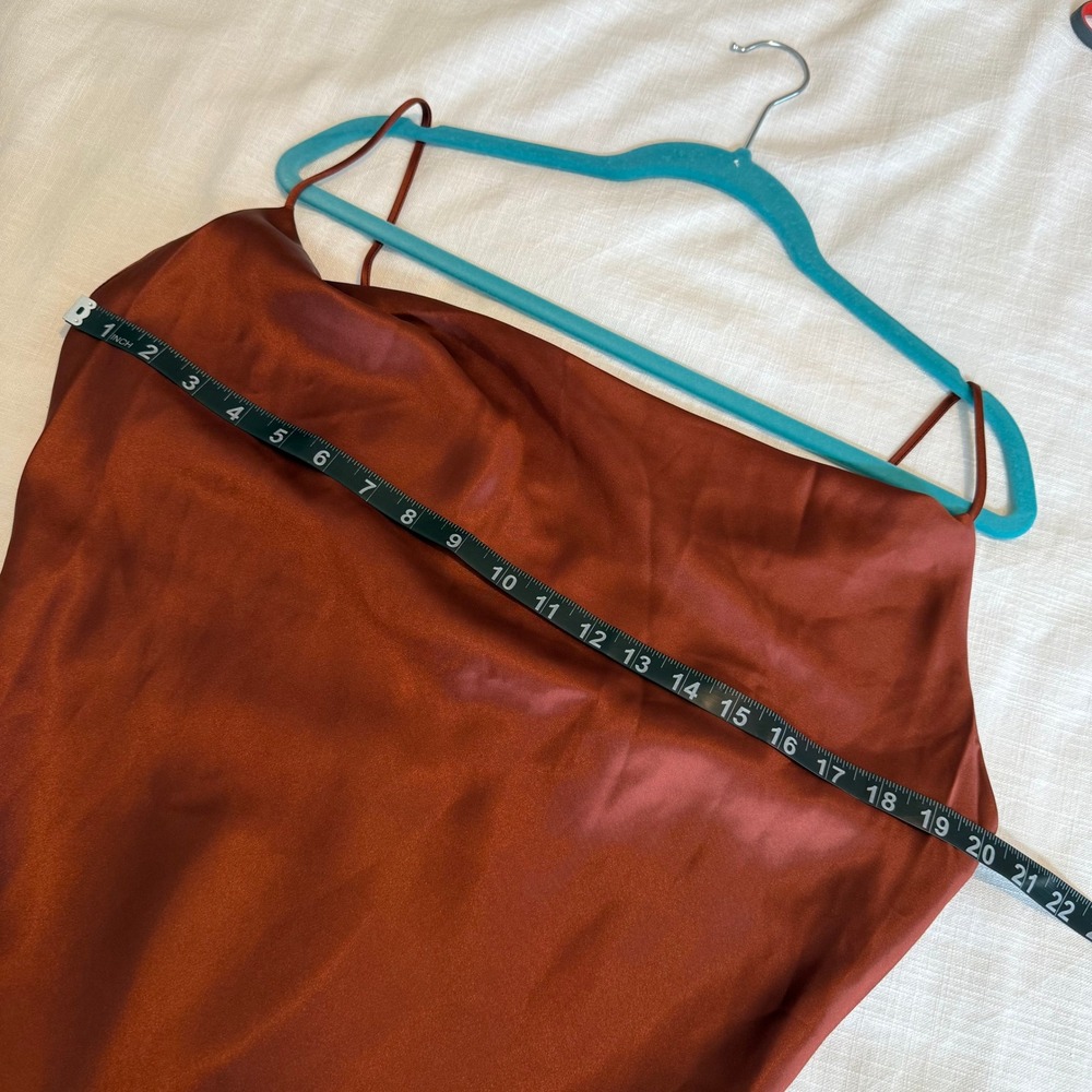 Petal + Pup Rust Satin Cowl Neck Midi Dress Size 10 US Asymmetrical Hem Slit - Picture 7 of 7